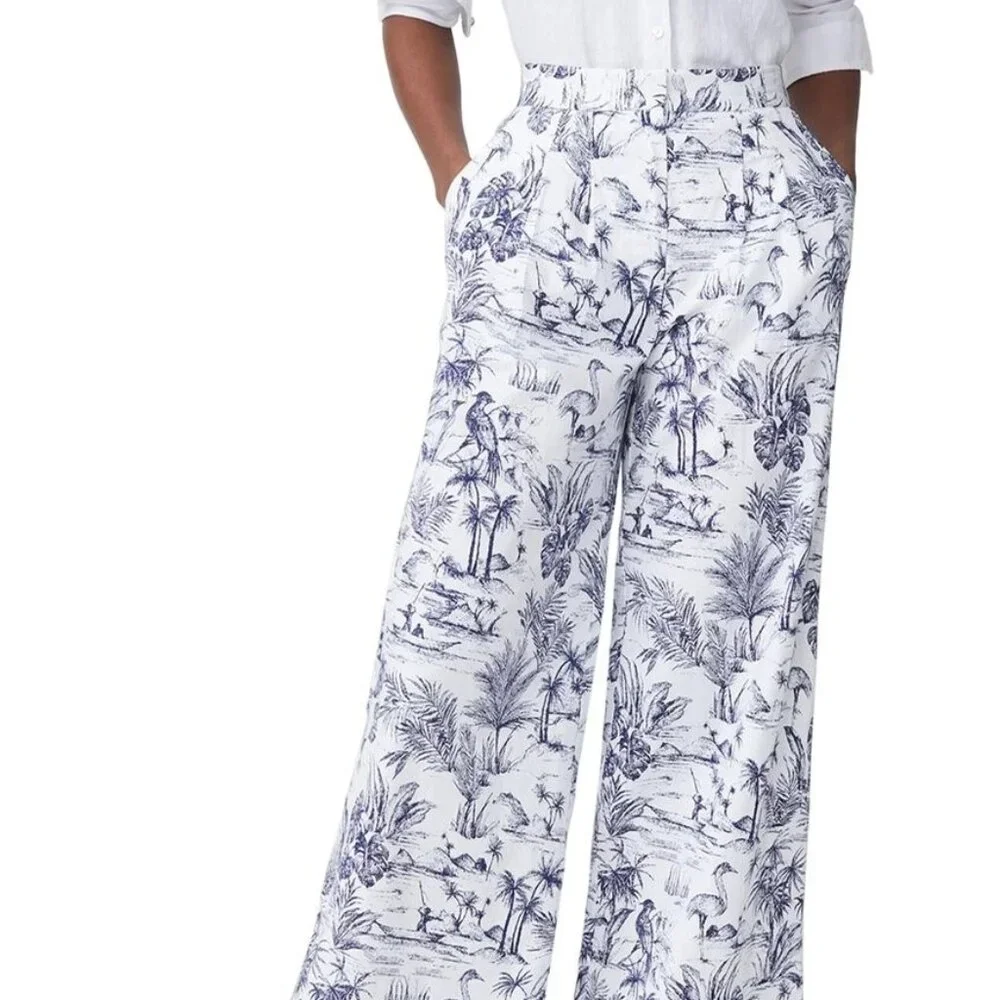 J. McLaughlin Amal pants trousers Size 4 has pockets cotton wide leg heron print - Picture 2 of 5